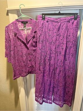 AshleyStewart Purple Floral Lace Suit, button front shirt, elastic and zip pants
